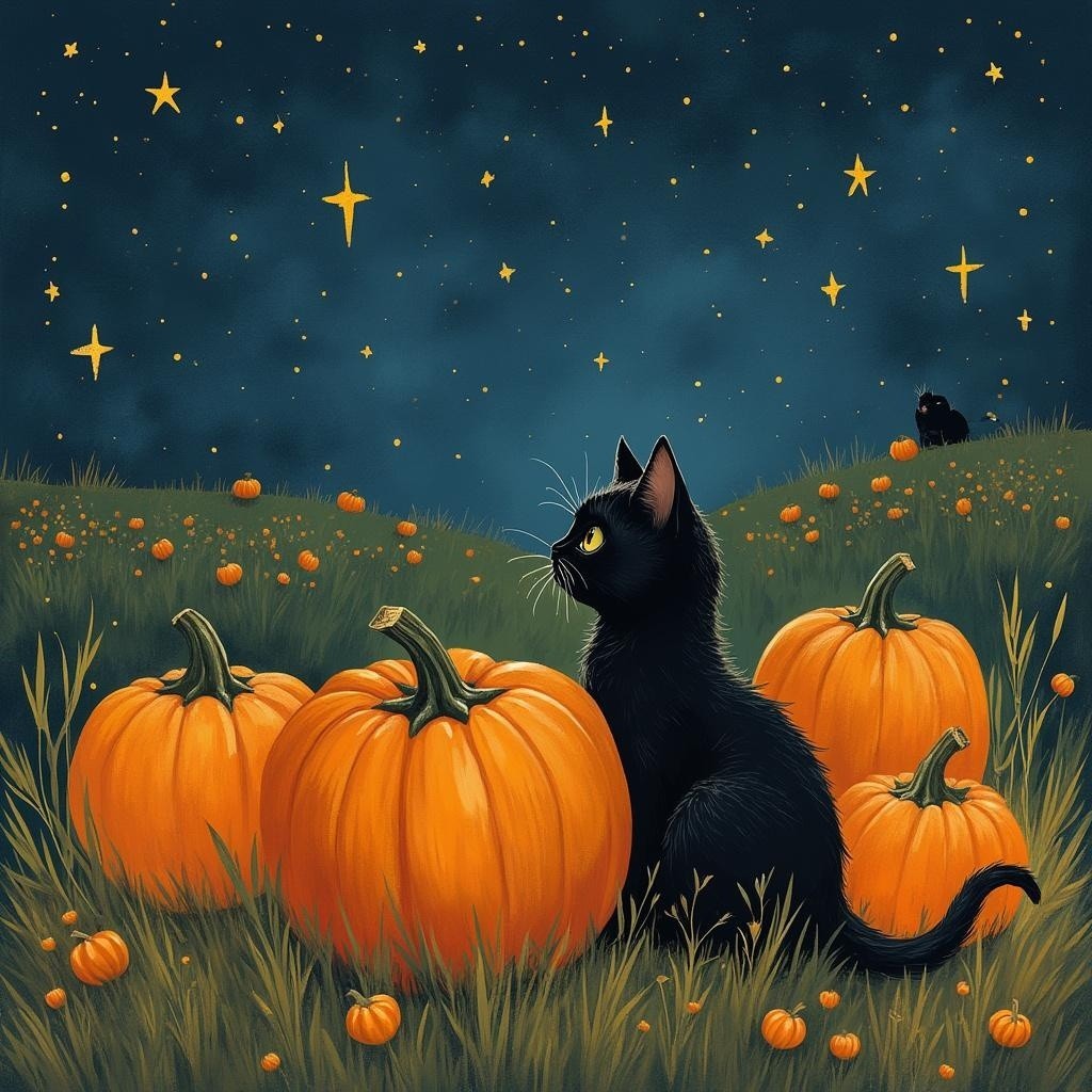 Black Cat Among Pumpkins Under Starry Night Sky