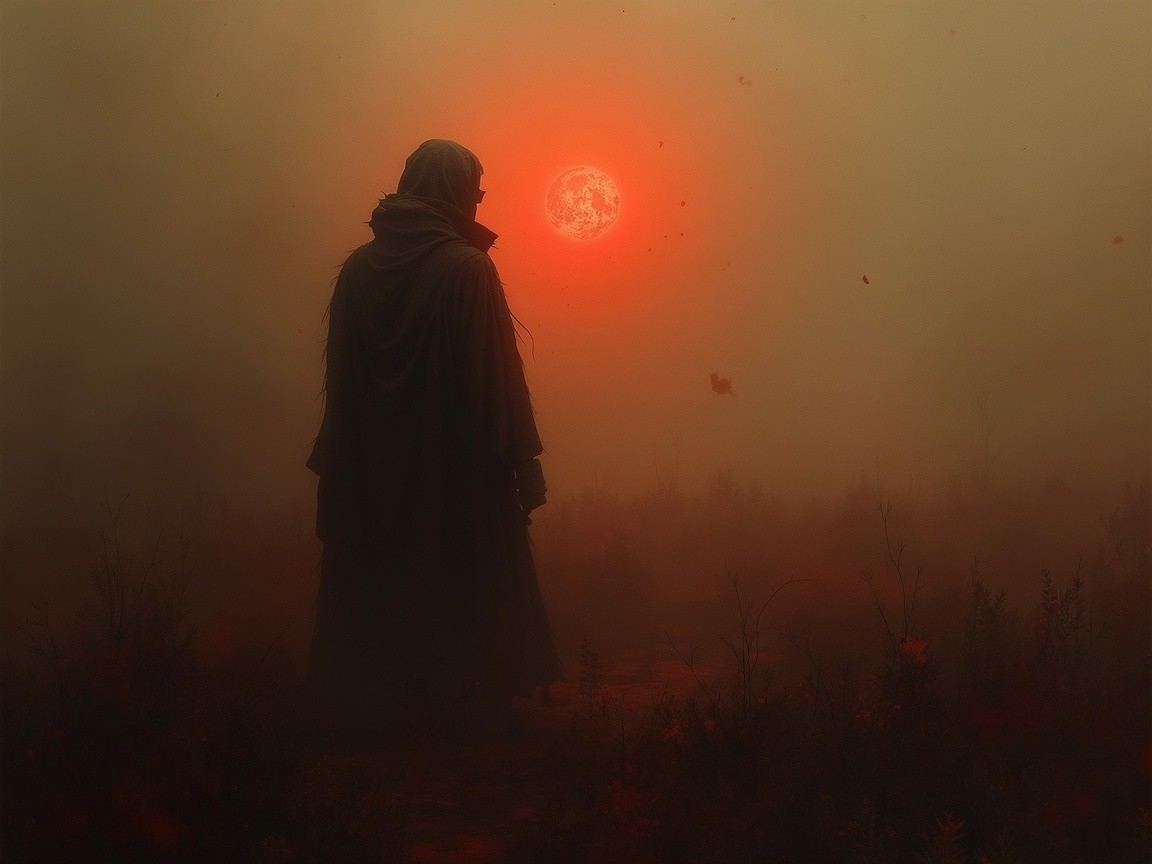 Cloaked Figure in Foggy Landscape with Red Sun