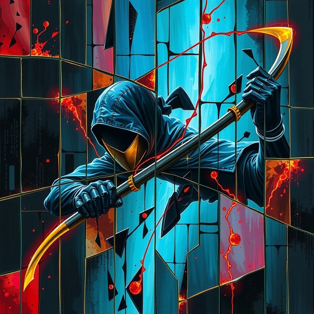 Hooded Figure with Curved Weapon in Colorful Background