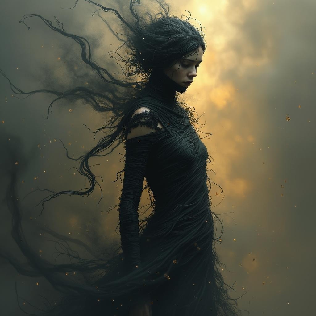Ethereal Figure in Dark Gown Amidst Swirling Mist
