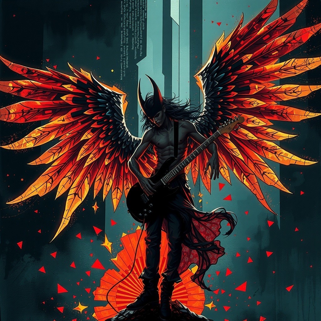 Powerful figure with fiery wings on rocky pedestal