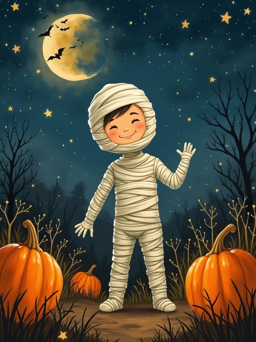Cheerful Child Dressed as Mummy in Pumpkin Patch