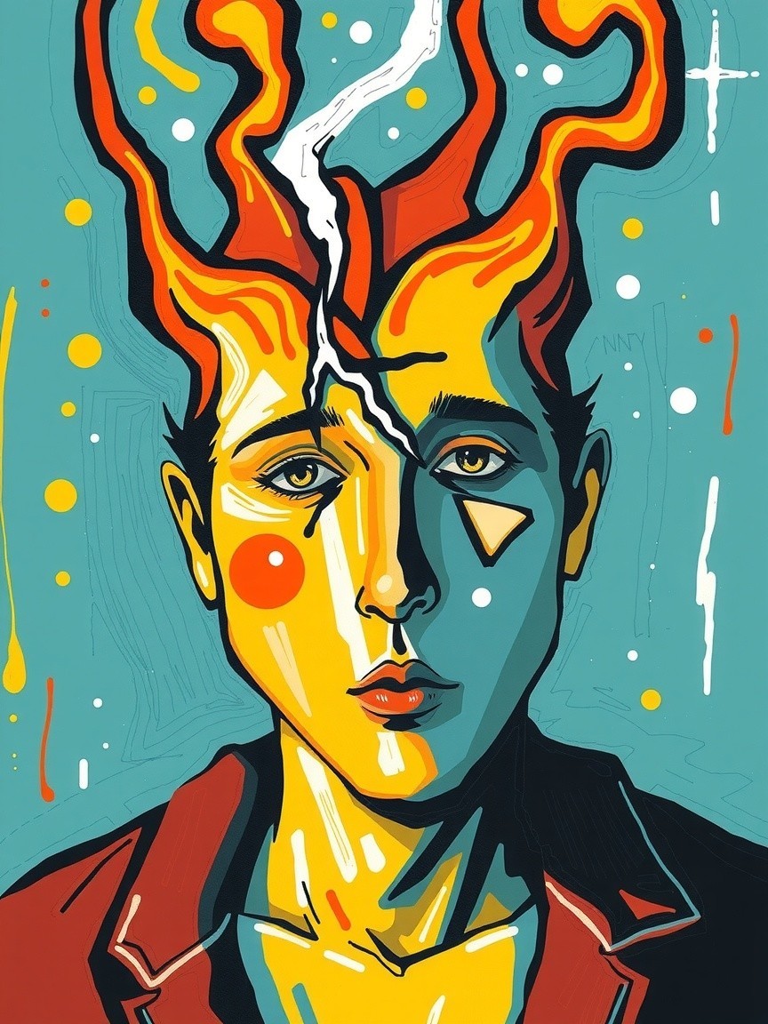 Stylized portrait with flames and bold colors