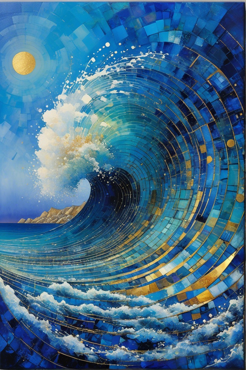Abstract Wave Artwork in Blue with Golden Accents