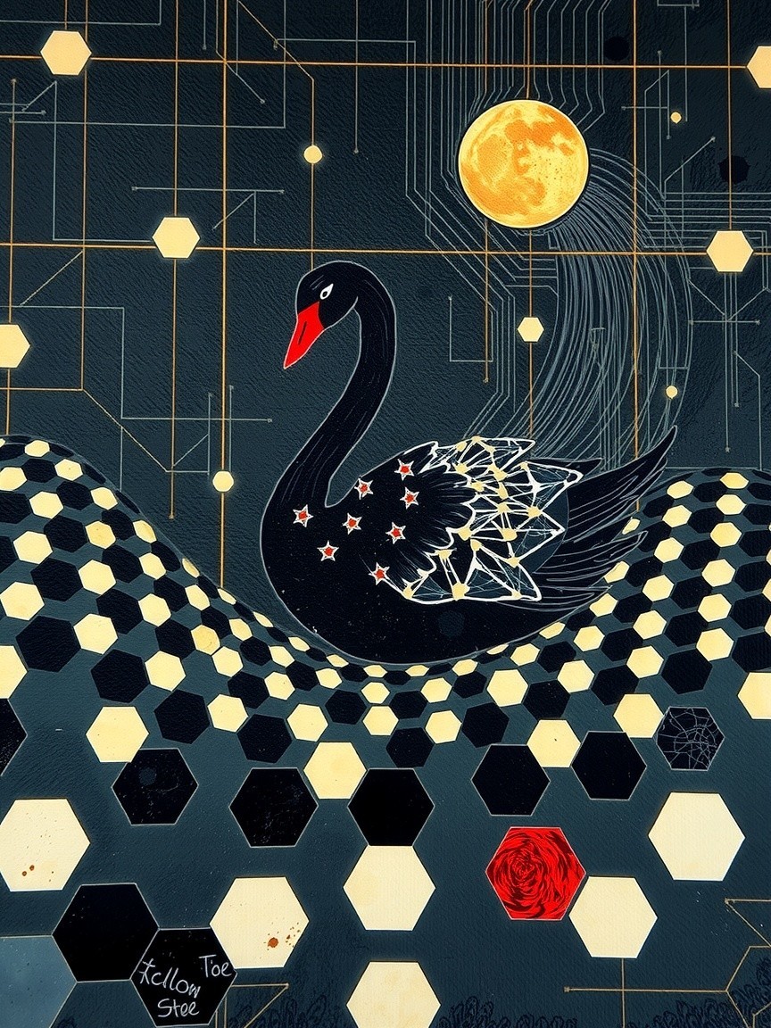 Dark Swan Artwork with Geometric and Digital Elements