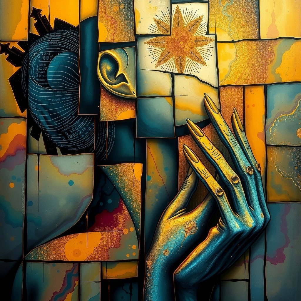 Stylized Figure with Abstract Mosaic Background