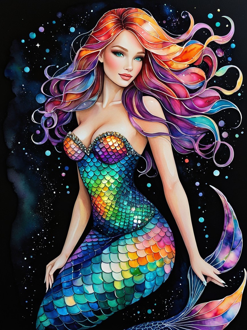 Vibrant Mermaid with Multicolored Hair and Cosmic Background