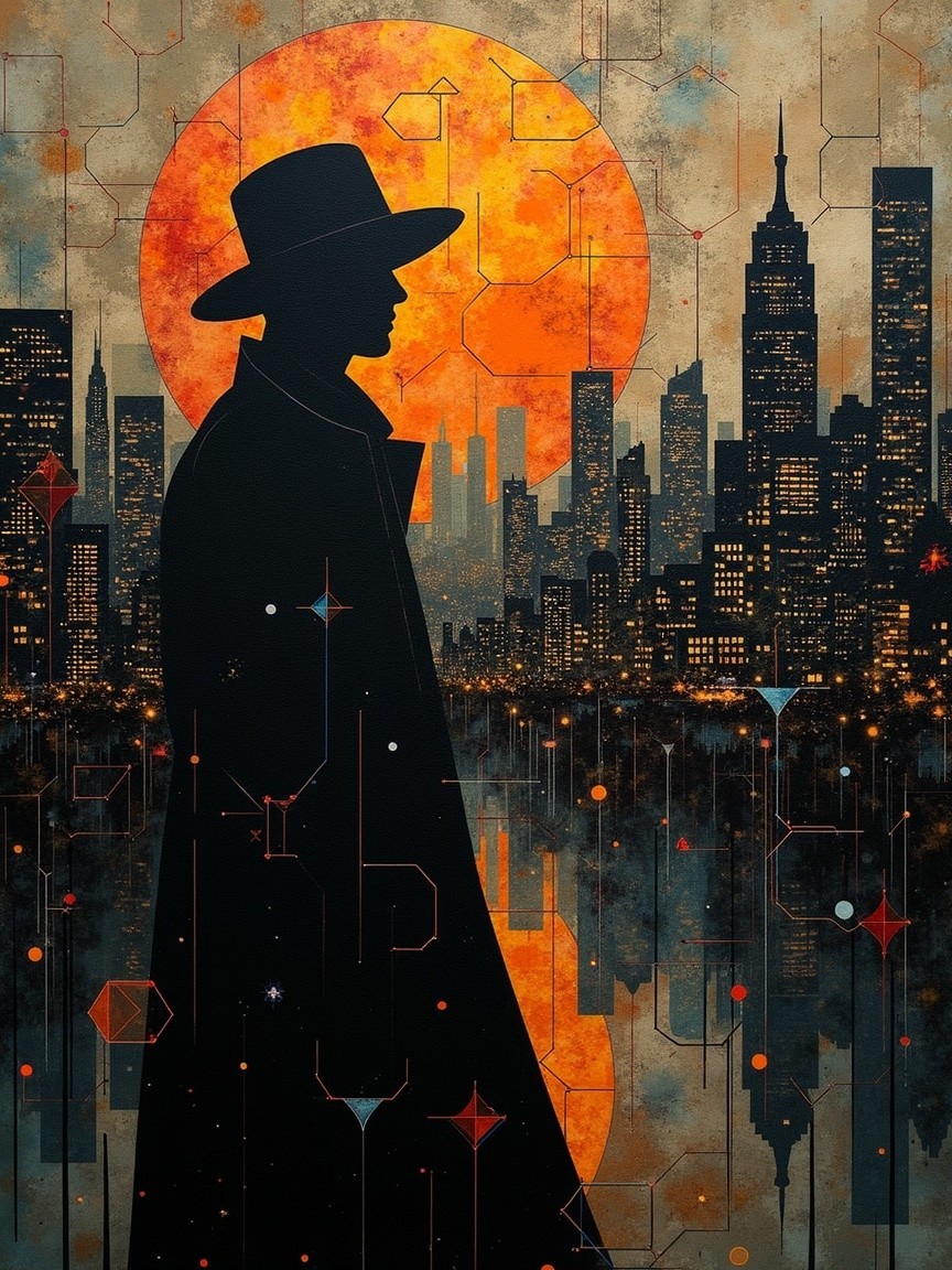 Silhouette Against Sunset with City Skyline and Patterns