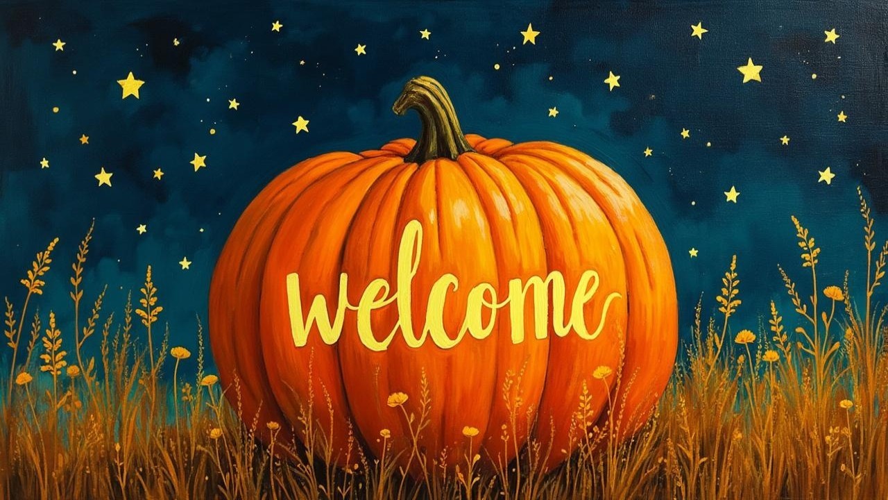 Autumn Painting with Pumpkin and Night Sky Elements