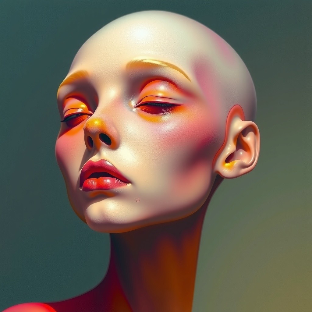 Stylized humanoid figure with vibrant colors and serene expression