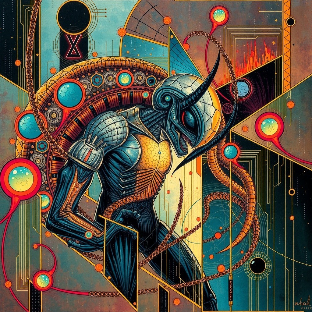Futuristic humanoid figure with insect-like design