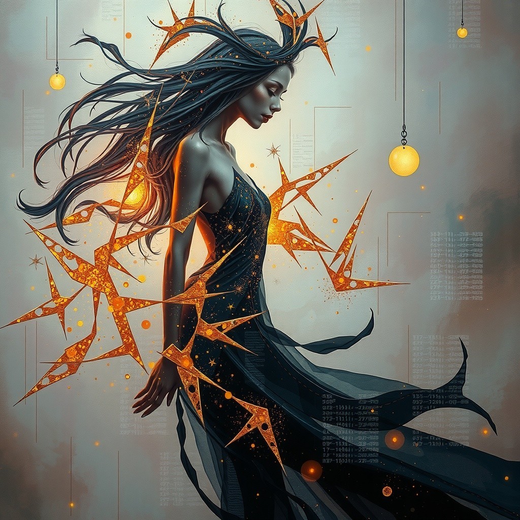 Mystical Figure in Flowing Black Fabric with Light Orbs