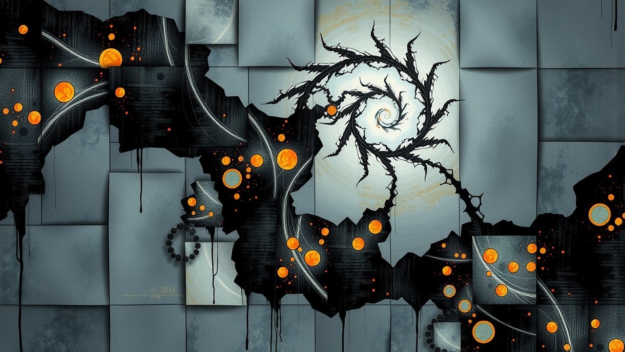 Abstract Design with Black Spiral and Orange Spheres