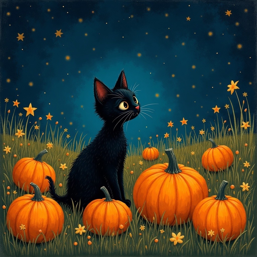 Whimsical Autumn Scene with Black Cat and Pumpkins