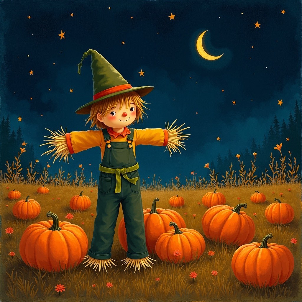 Cheerful Scarecrow in Pumpkin Field at Night