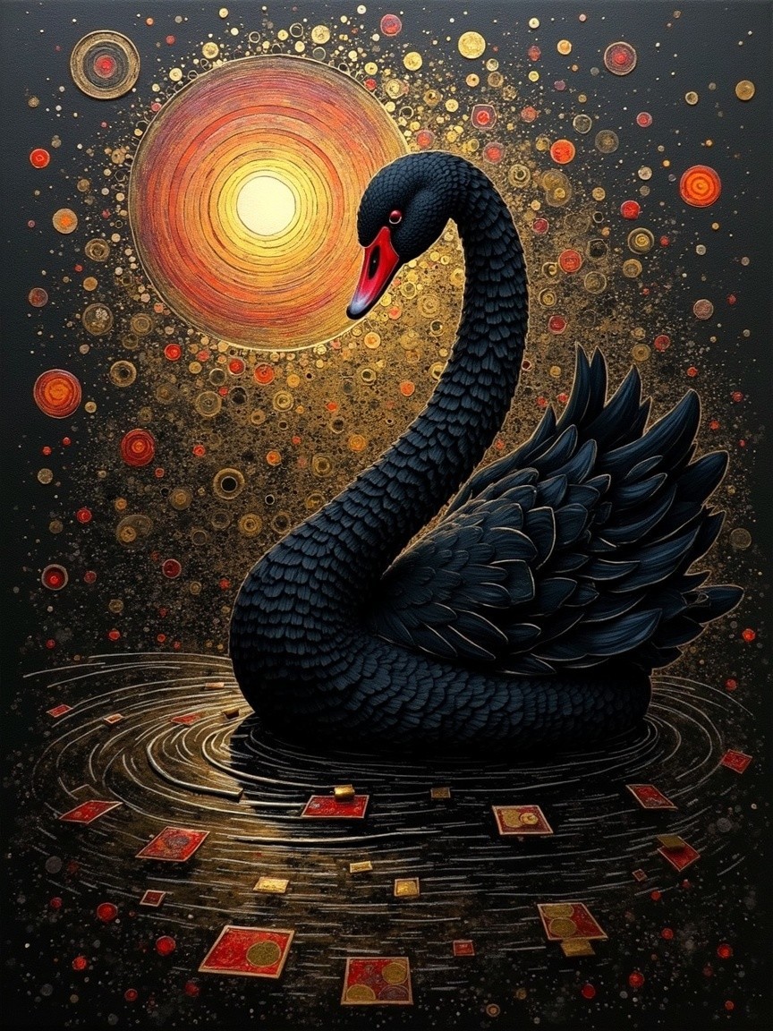 Black Swan on Reflective Water with Cosmic Patterns