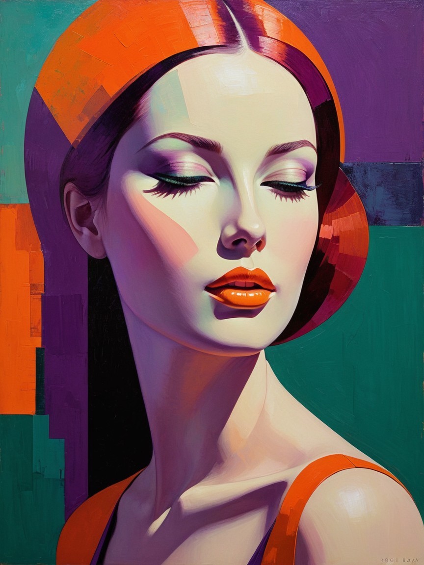 Stylized portrait of a serene woman with vibrant colors