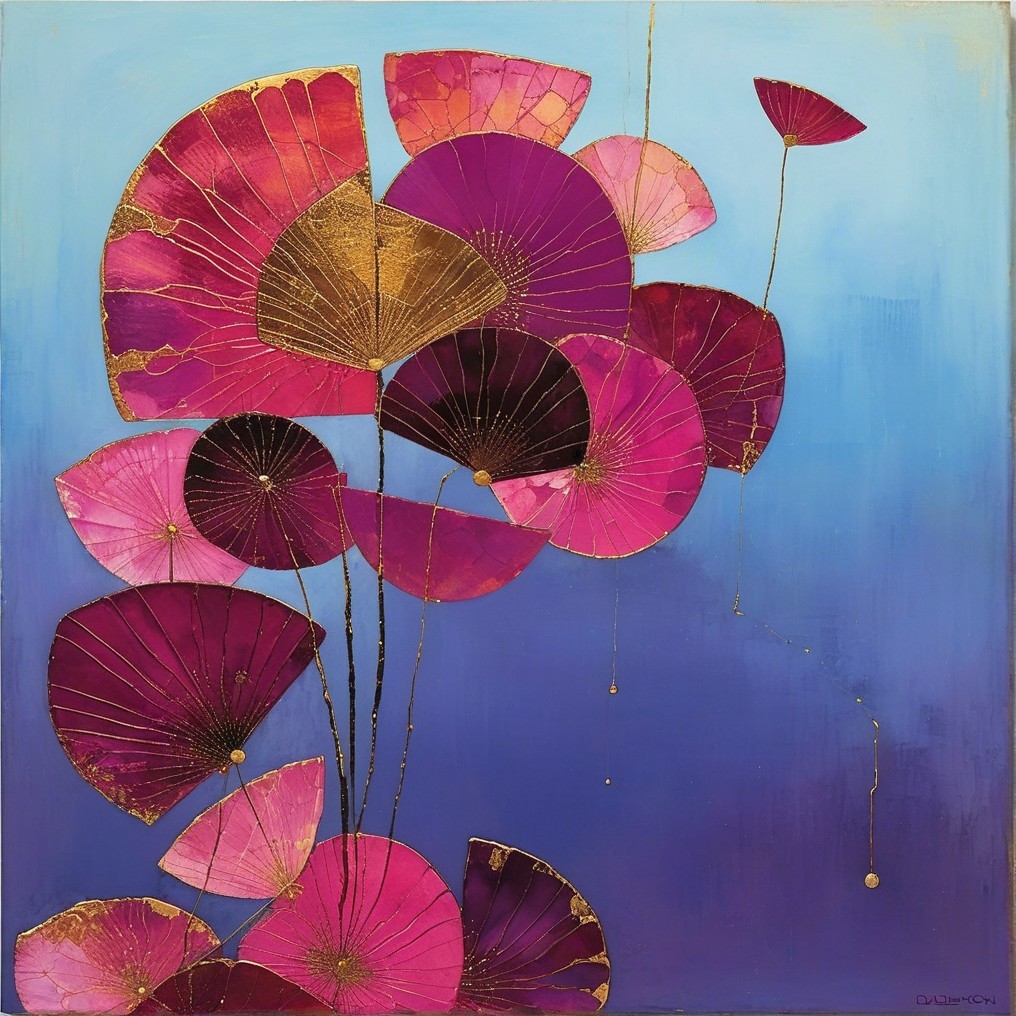 Vibrant Abstract Art with Stylized Leaves and Gold Accents