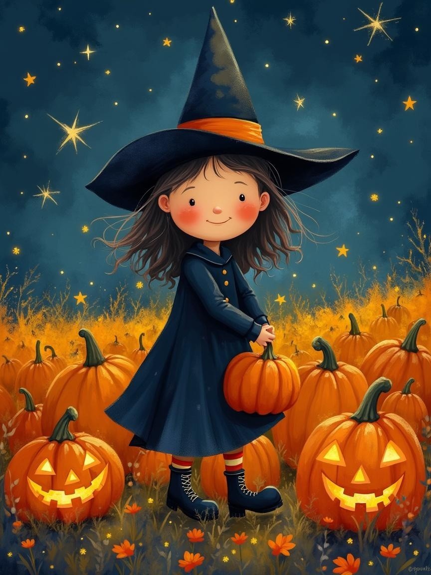 Cheerful young witch in pumpkin patch at night