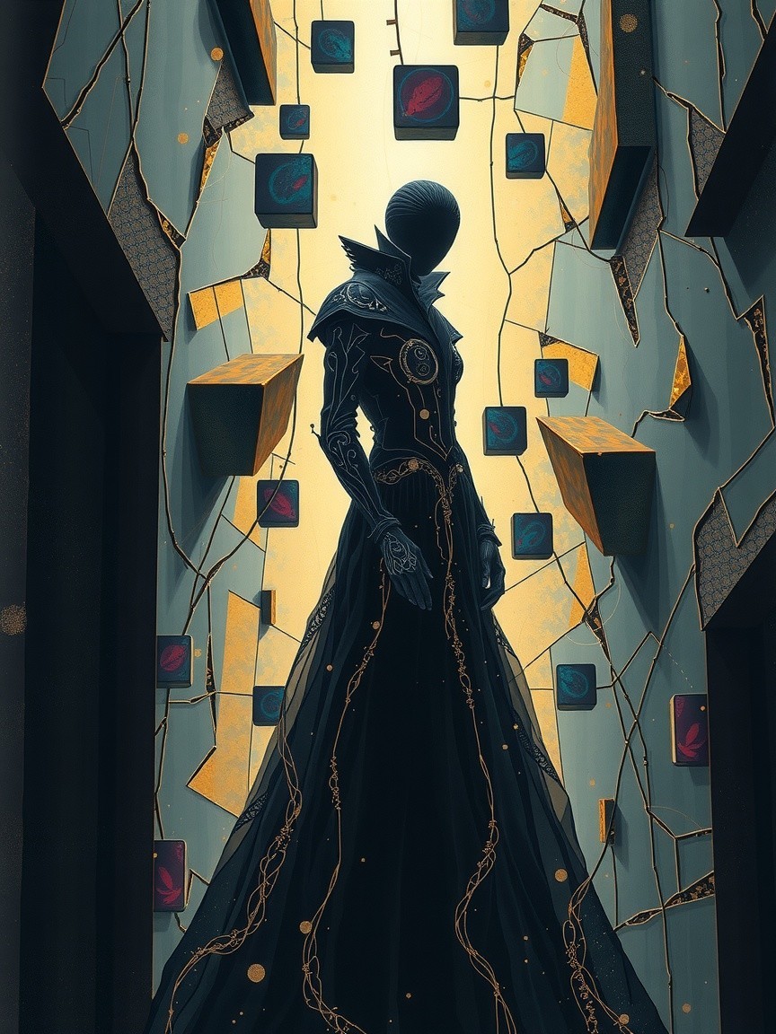 Cloaked Figure in Surreal Futuristic Setting
