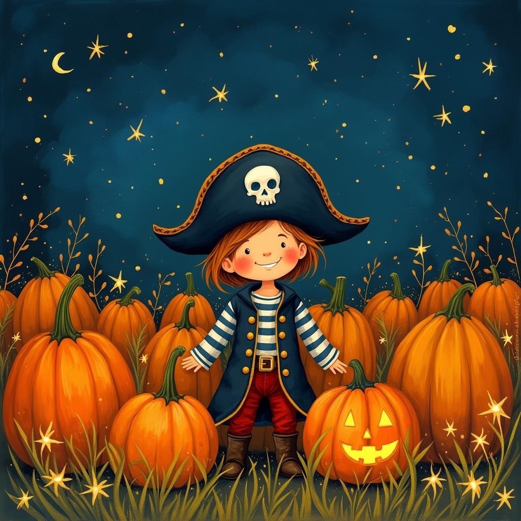 Cheerful Child Pirate Among Pumpkins at Night