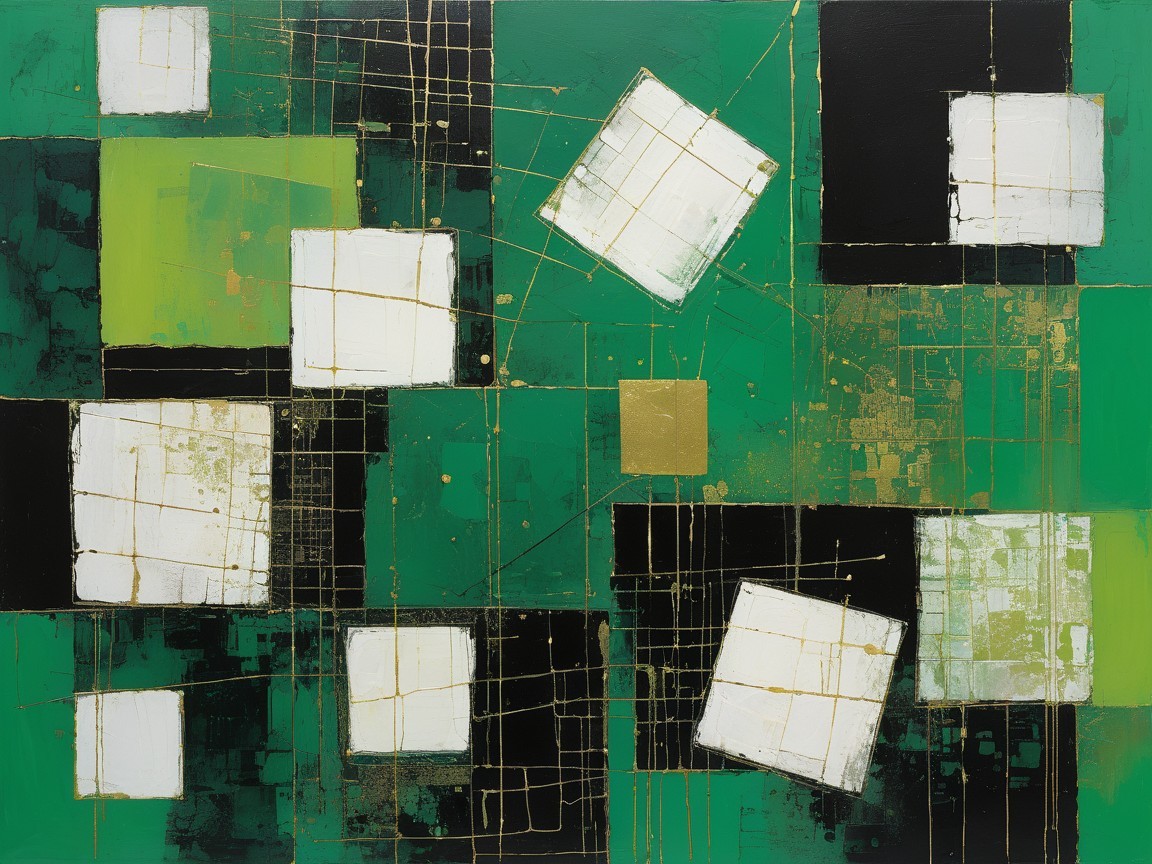 Modern Abstract Composition with Green and White Squares