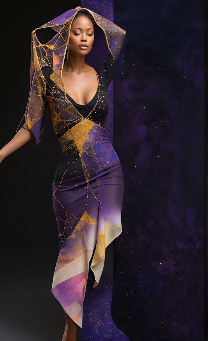 Elegant gown with gradient purple, gold, and black hues