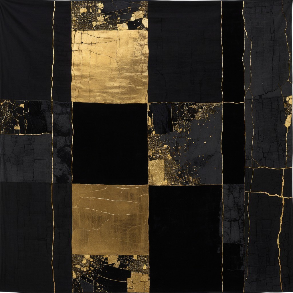 Textile Artwork with Black and Gold Grid Pattern