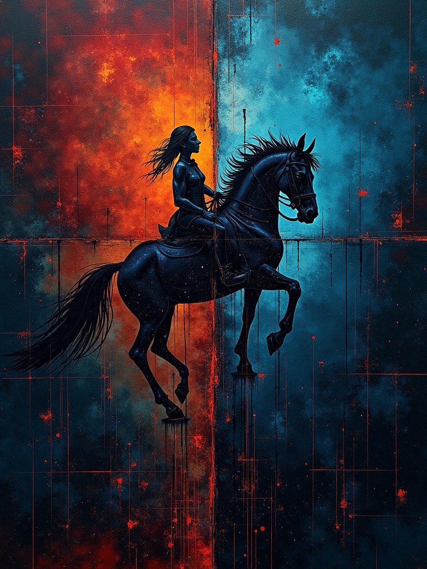 Silhouette of a Rider on a Black Horse in Colorful Scene