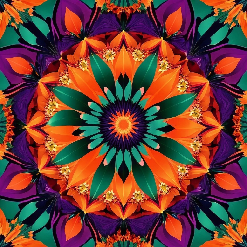 Vibrant Kaleidoscope Design with Floral Elements
