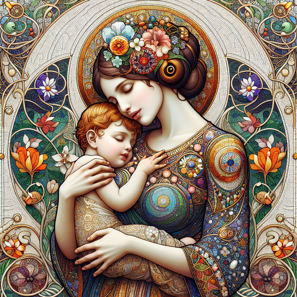 Mother and Child Embrace in Vibrant Floral Design