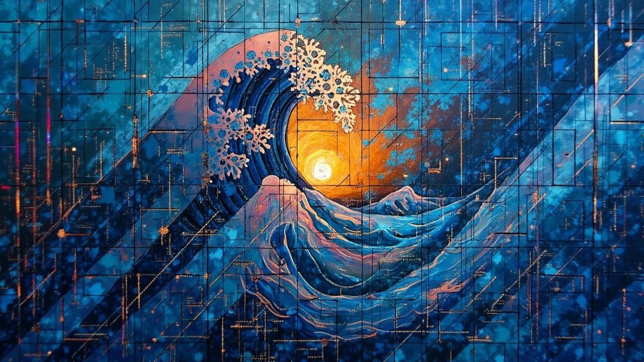 Vibrant Artwork of a Massive Wave at Sunset