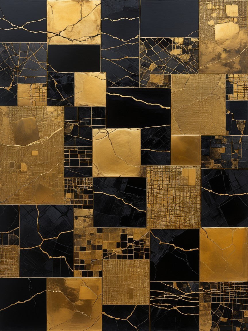 Abstract Black and Gold Geometric Mosaic Artwork