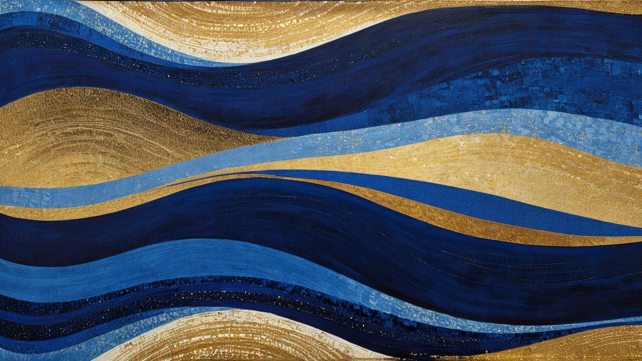 Abstract Painting with Blue and Gold Waves
