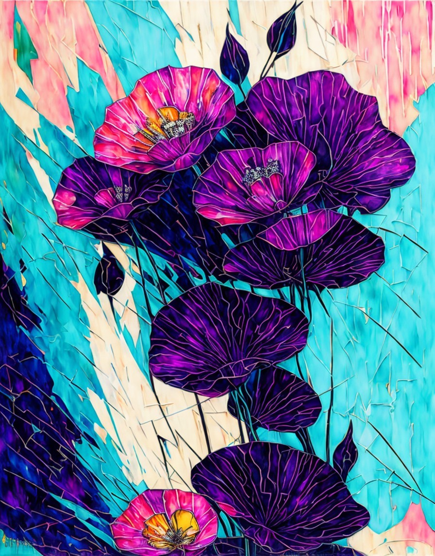 Vibrant Artwork of Purple and Pink Flowers on Blue