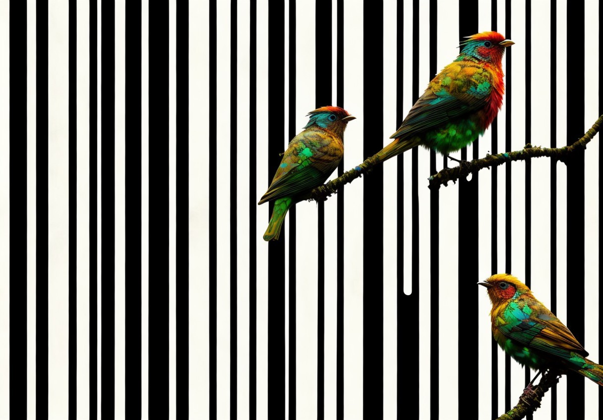 Vibrant Birds on Branch with Black and White Stripes