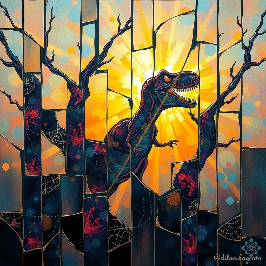 Vibrant T-Rex Emerges from Colorful Fragmented Panels