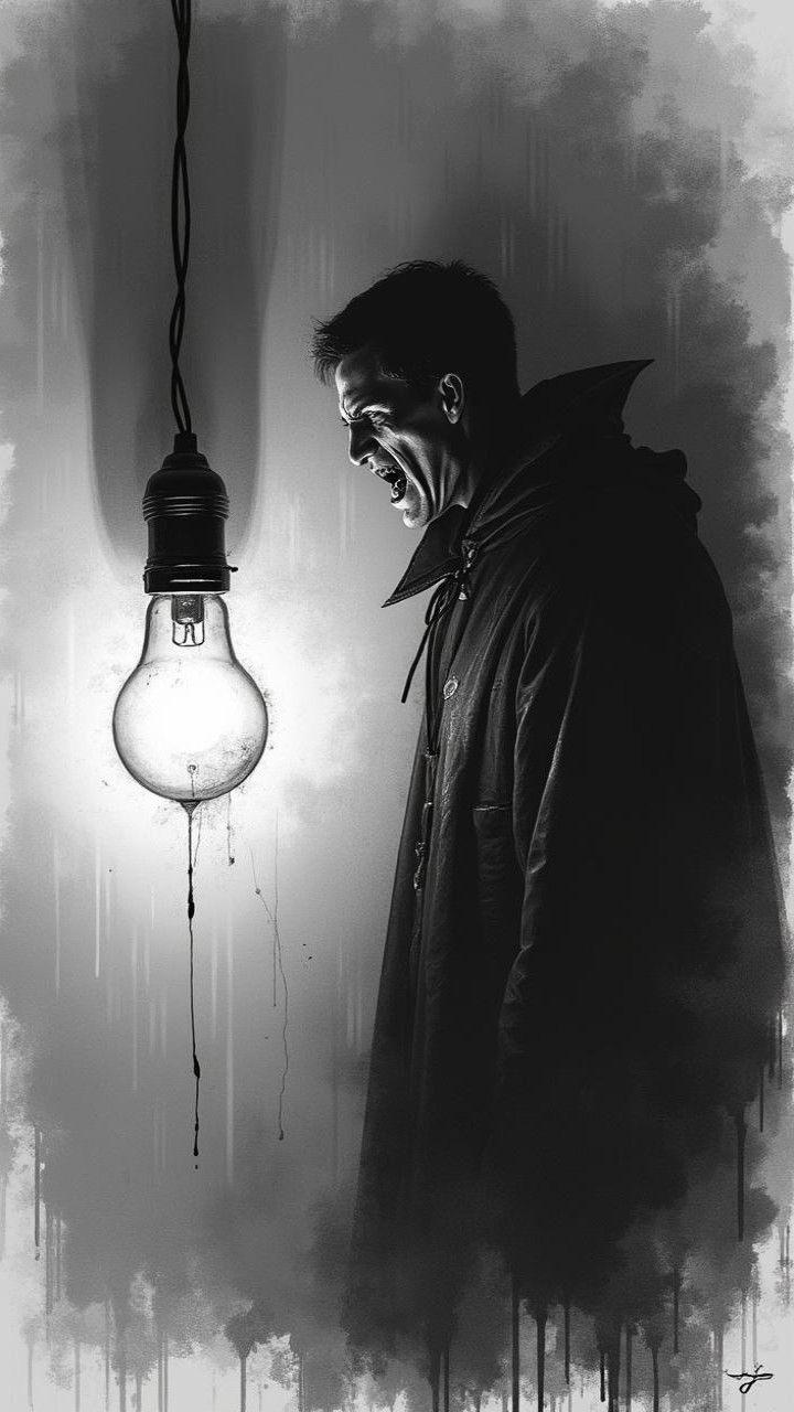 Dramatic Black-and-White Illustration of Cloaked Figure