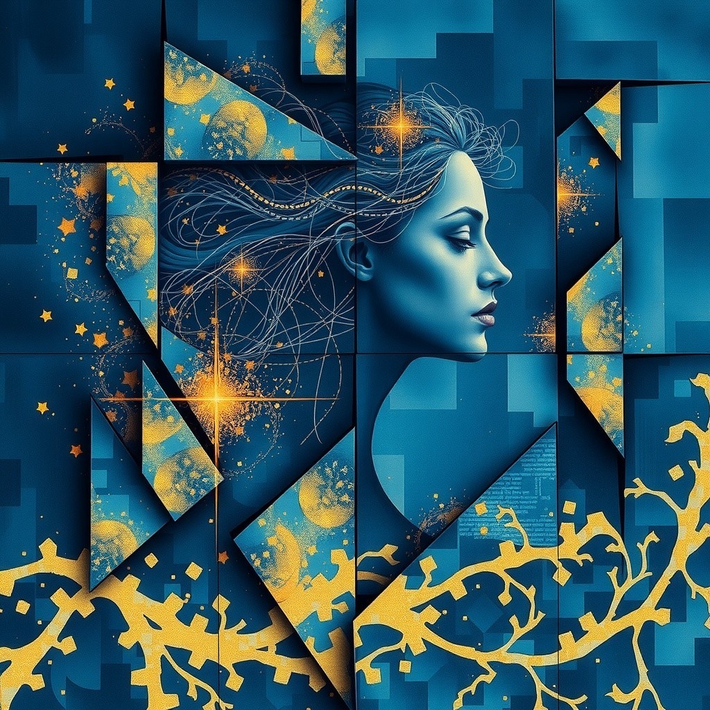 Abstract Portrait of a Woman in Blue and Gold