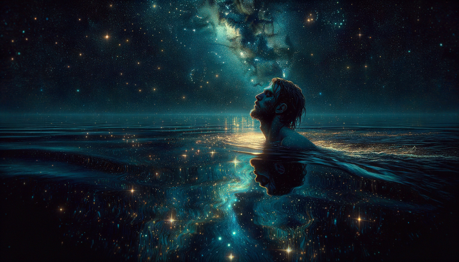 Serene Figure in Cosmic Water Reflection Scene