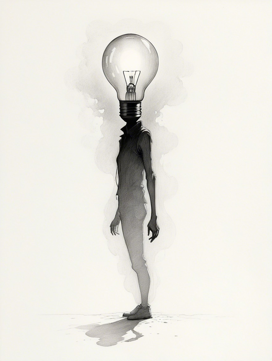 Tall Figure with Light Bulb Head in Surreal Setting