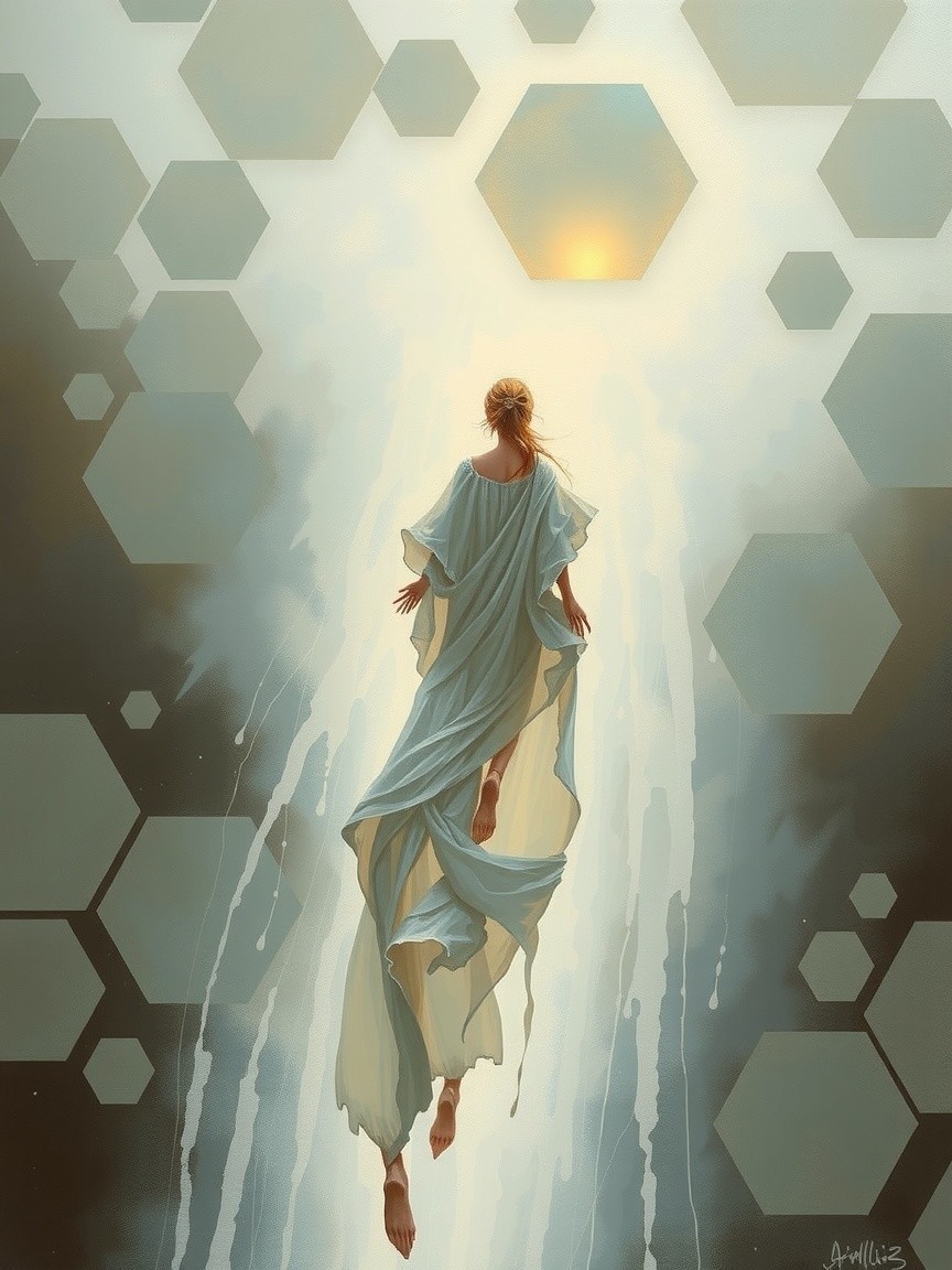 Ethereal Figure Ascending Towards Radiant Light