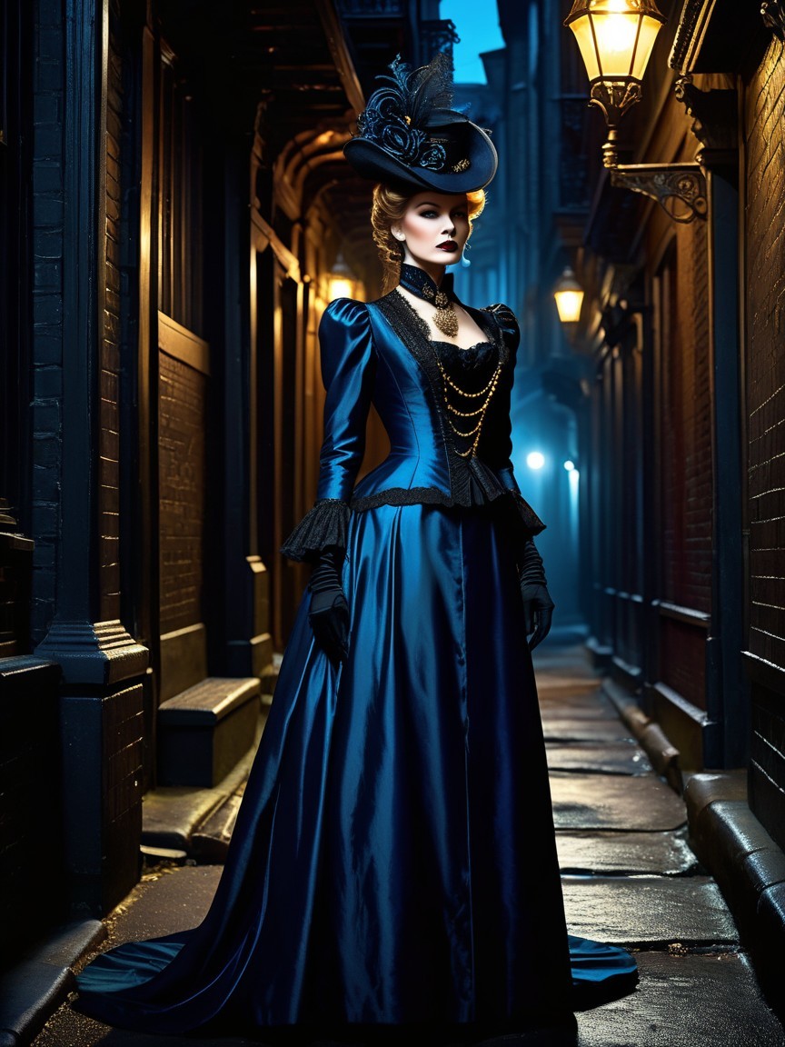 Elegant figure in a dimly lit alley with gown and hat
