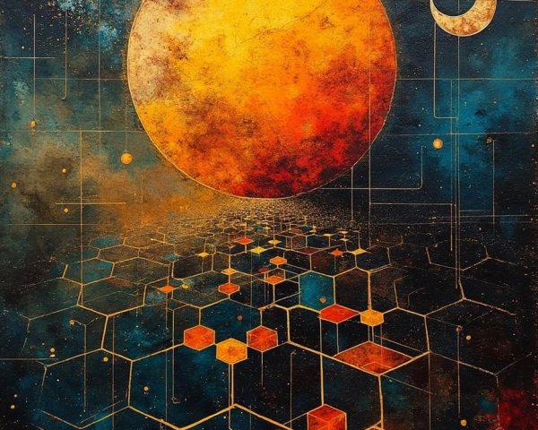 Abstract Painting of Sun and Moon in Cosmic Scene