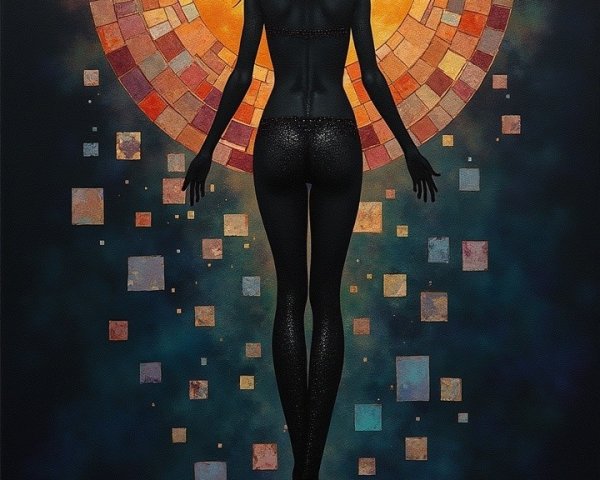 Silhouette of a mermaid with vibrant mosaic sun backdrop