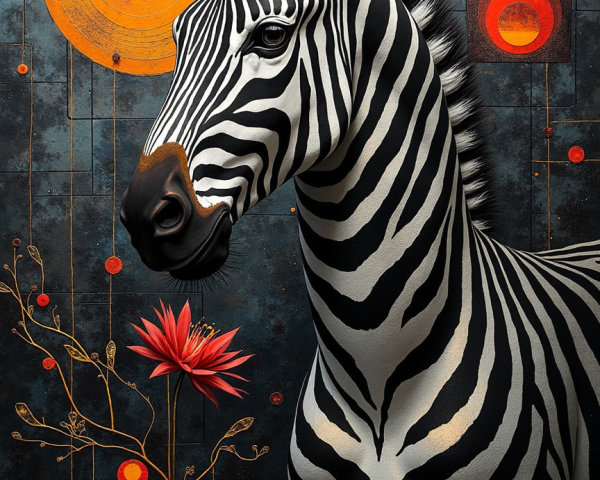 Zebra Against Colorful Textured Background and Flowers
