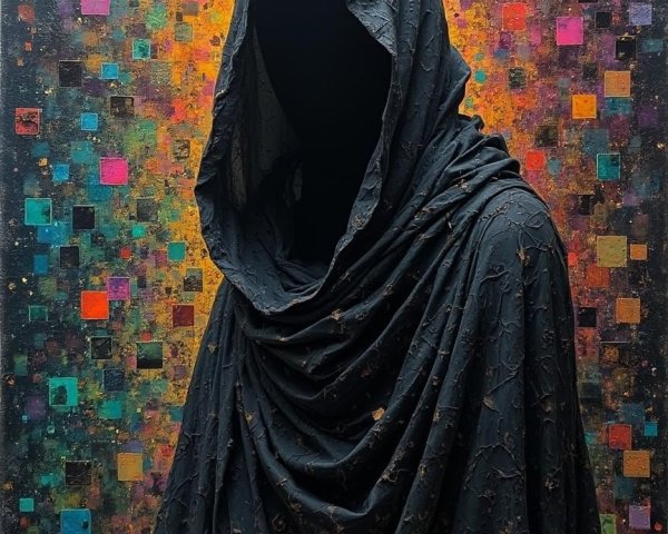 Mysterious Cloaked Figure Against Abstract Colorful Background