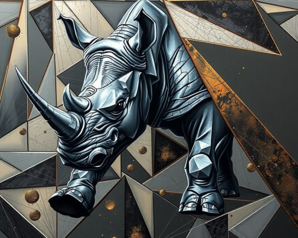 Stylized rhinoceros in geometric metallic background