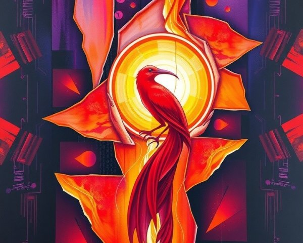 Surreal Artwork with Golden Orb and Red Bird