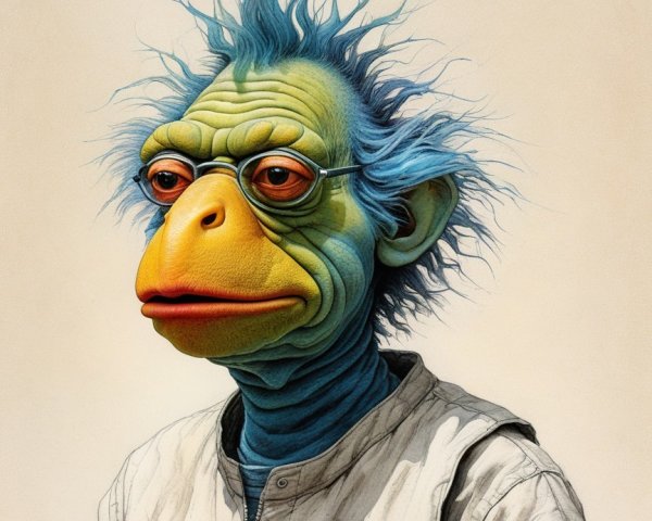Humanoid Creature with Blue Hair and Orange Beak
